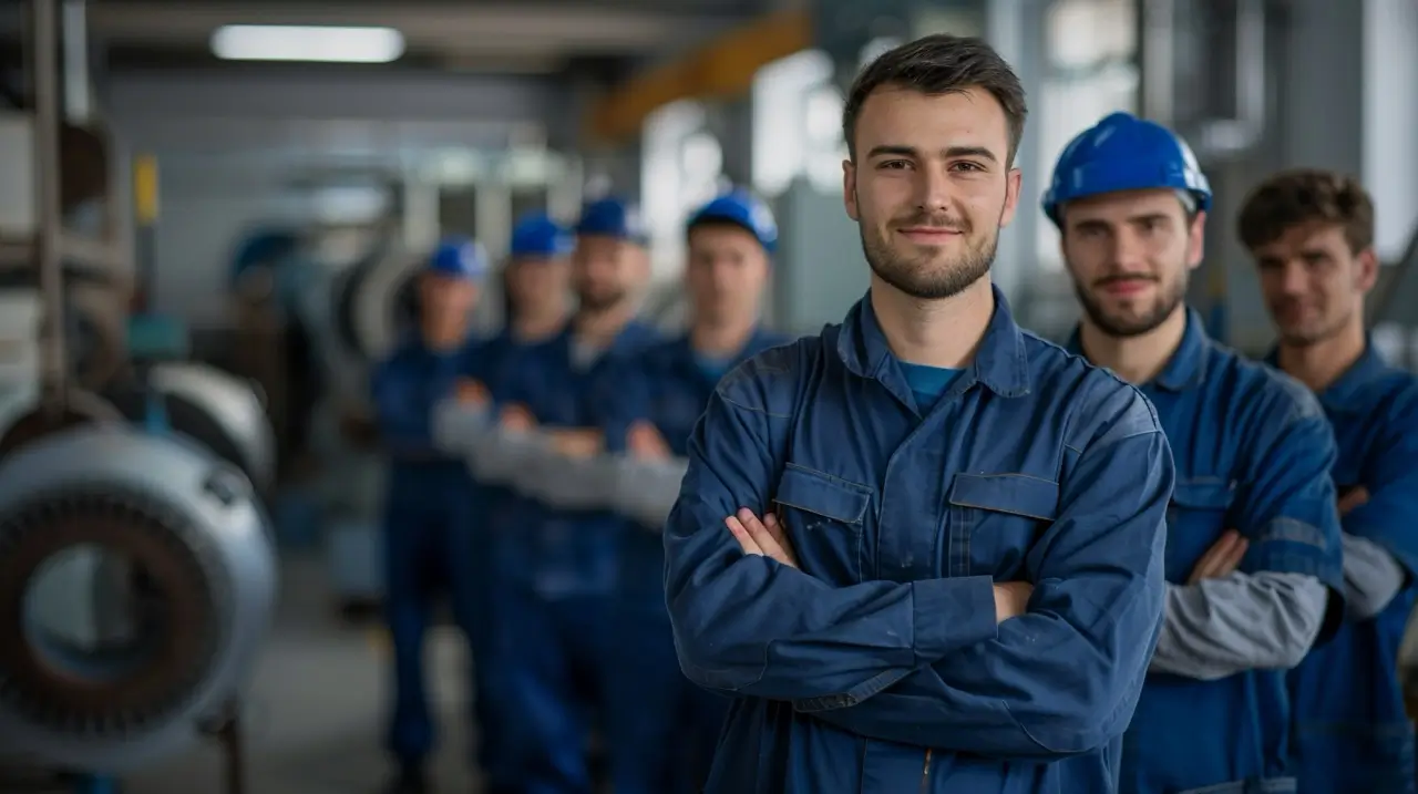 Confident Foreman Blue Uniform With Team Industrial Workshop Large At Η Εταιρεία